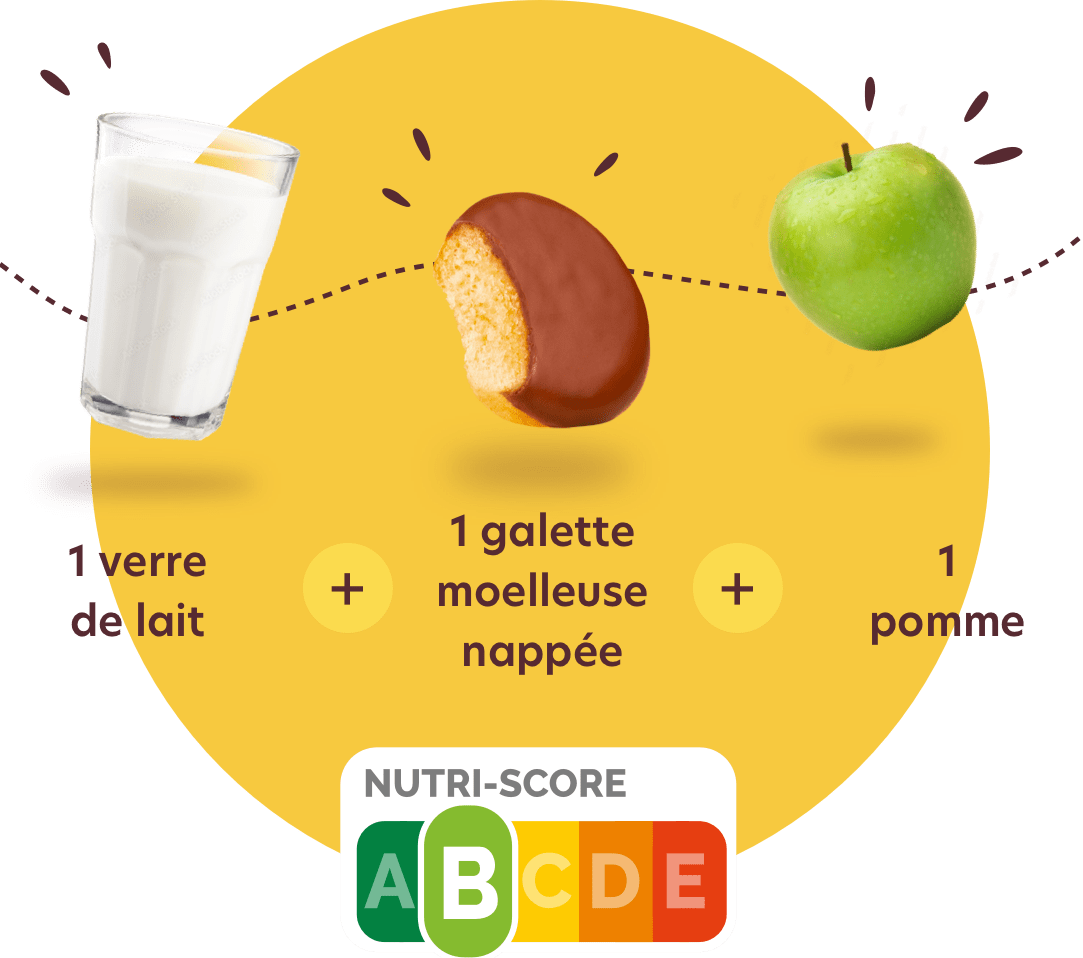 1 verre de lait + 1 galette moelleuse nappée + 1 pomme