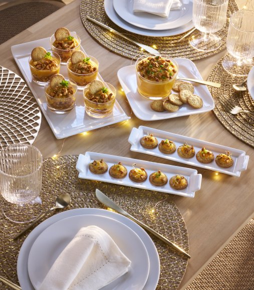 Mini galettes comté, écrasé de patates douces au cumin et noix de cajou grillées